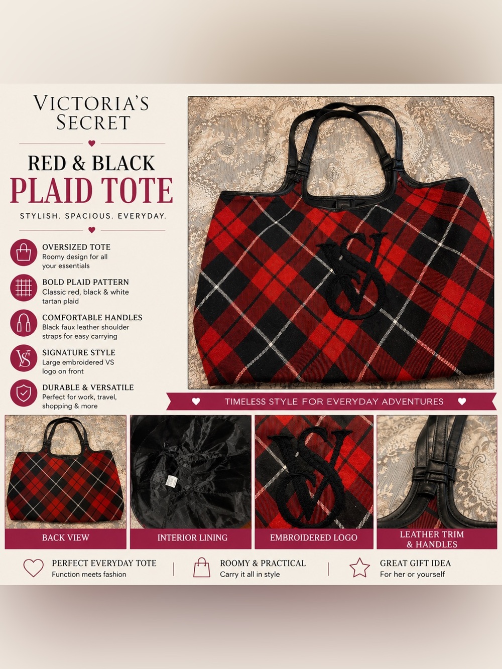 Victoria's Secret Red & Black Plaid Tote with Embroidered VS